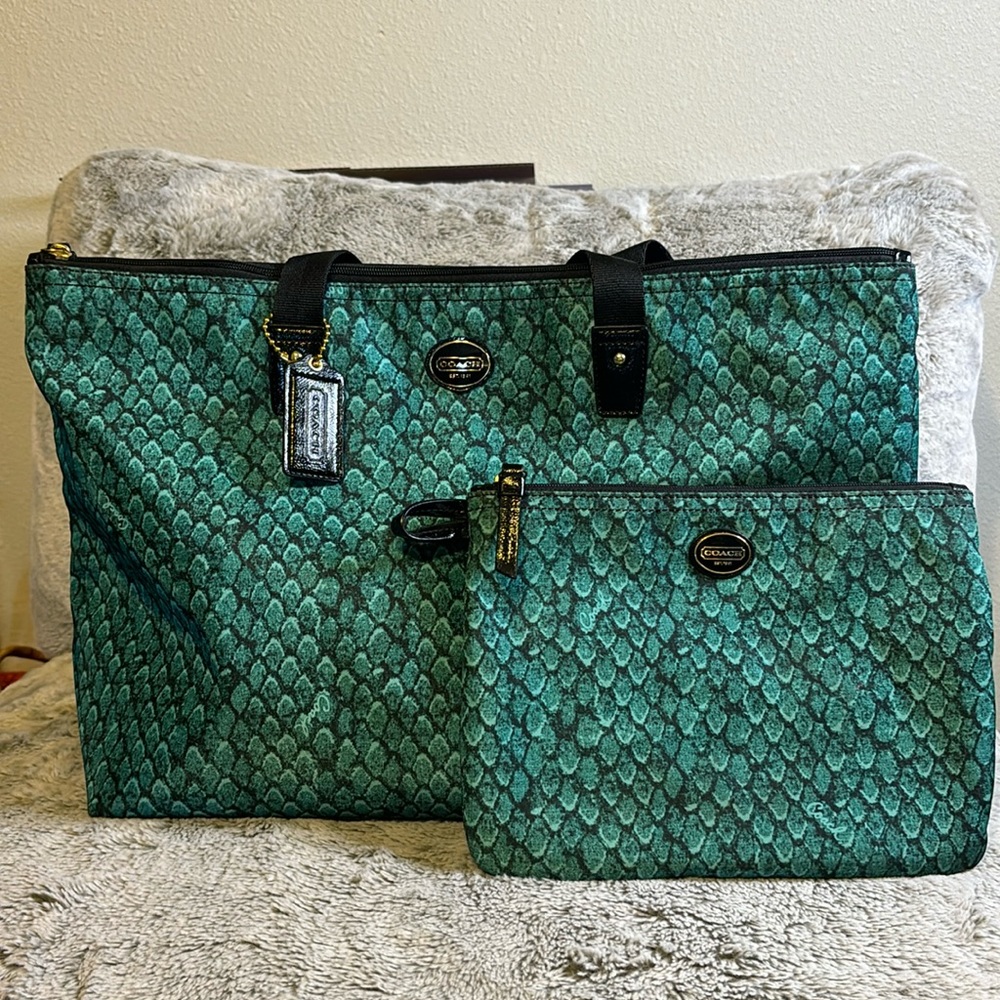Coach Limited Edition Green Snake Print Tote with Removable Pouch